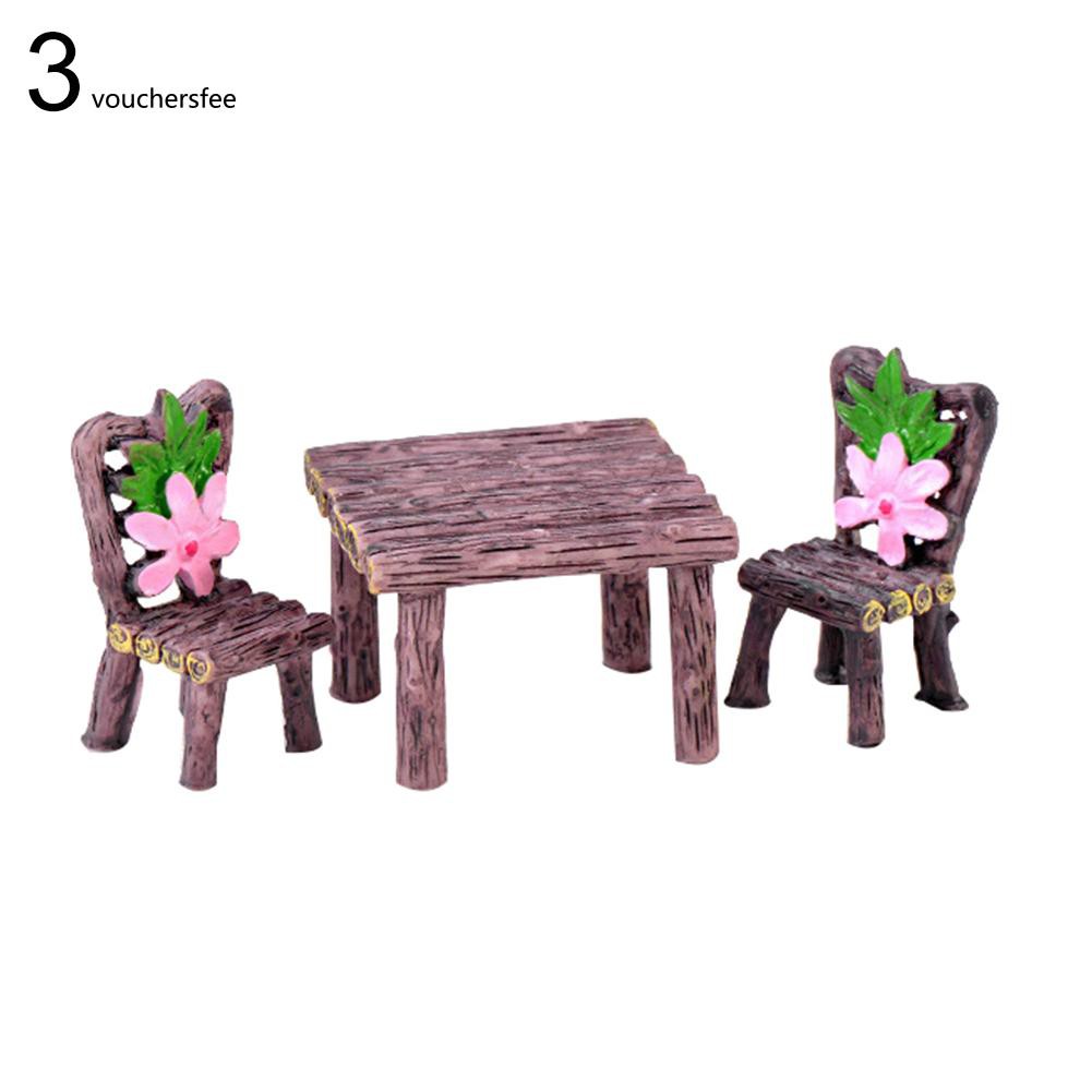 Set 3 món mô hình bàn ghế gỗ mini bằng nhựa dùng trang trí tiểu cảnh