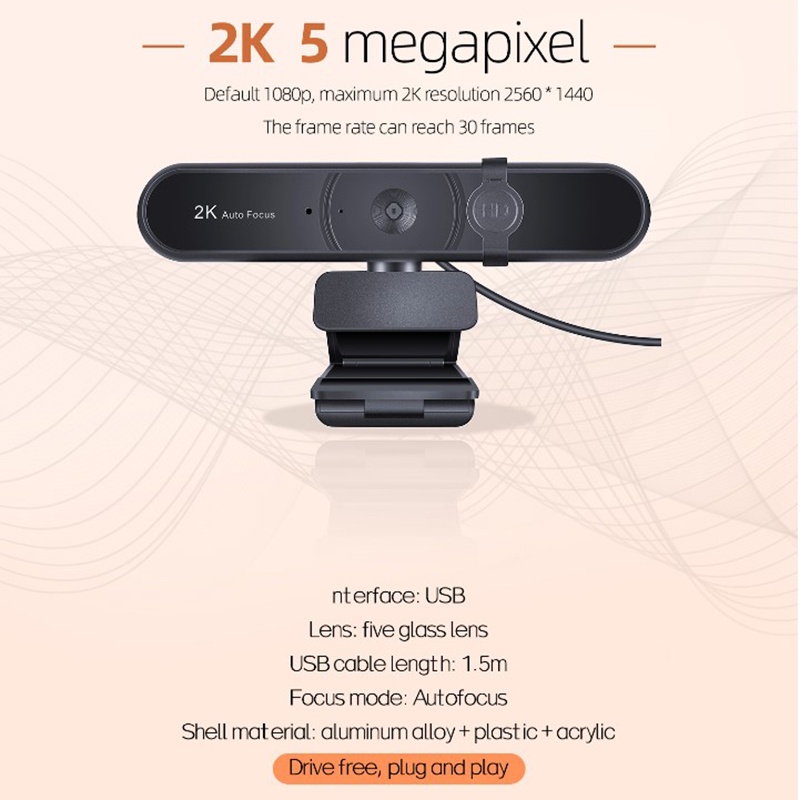 C55A USB Computer Camera 2K HD Autofocus 1.5M Built-in Microphone Drive-Free Live Video Teaching Webcam