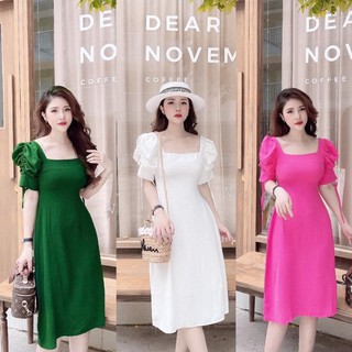 Đầm maxi cổ vuông thiết kế tay rút dây xinh xắn⚡️3 màu ảnh thật