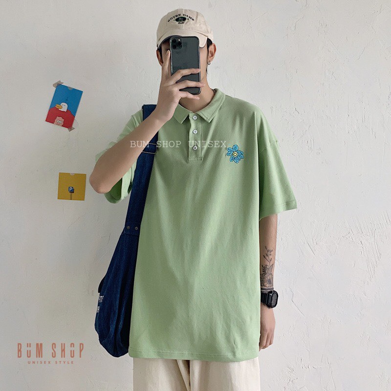 Áo Thun Polo Có Cổ Form Rộng Unisex Nam - Thêu Hoa Cúc - TTLCC51 - Hàng Đẹp Giống Hình - Chất Cotton Mềm Mát