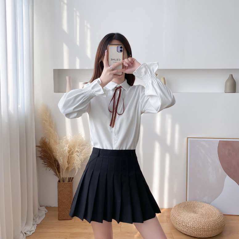 Áo Sơ Mi Tay Dài Cổ Thắt Nơ Xinh Xắn Phong Cách Hàn Quốc Cho Bạn Gái