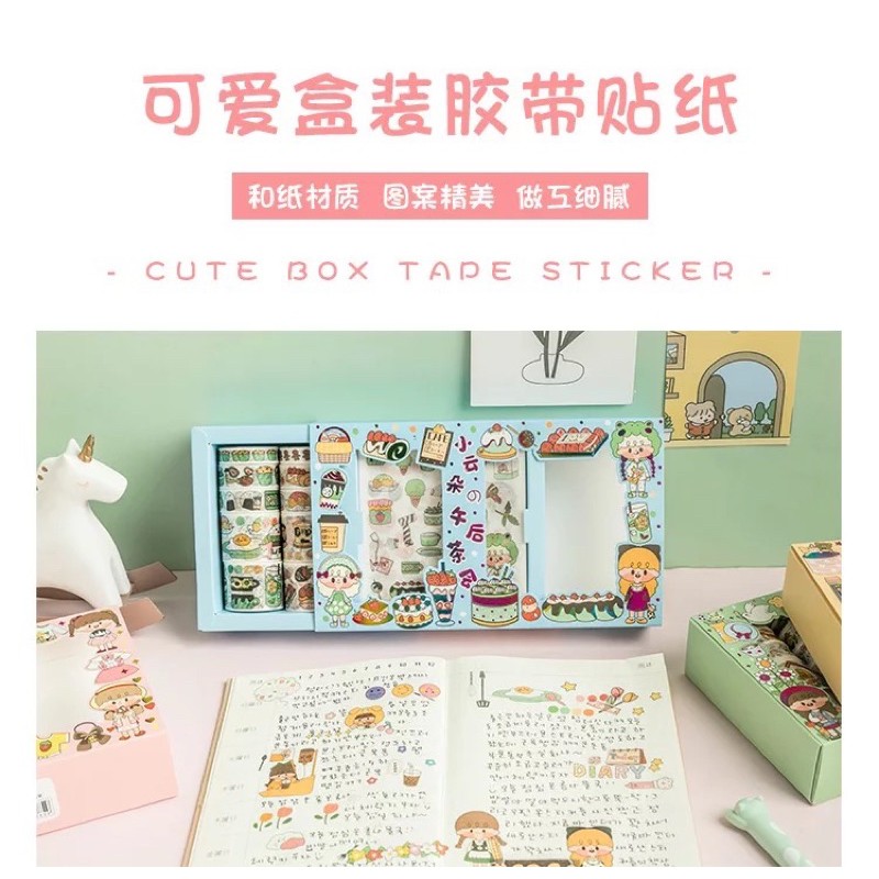 Hộp 10 cuộn washi và 10 tấm sticker dán trang trí