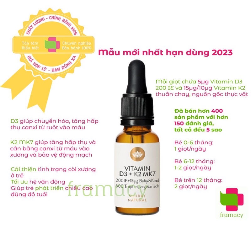 {2023}Vitamin(20ml)D3 K2 MK7 Sunday Natural, Đức/Anh/Úc tăng hấp thu canxi vào xương, răng cho trẻ từ sơ sinh đến 4 tuổi