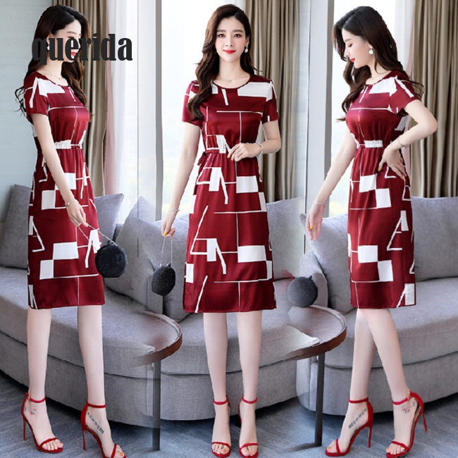 Đầm xẻ chữ A cá tính dây rút thắt eo cổ tròn tay ngắn dài vừa in phối màu ôm body