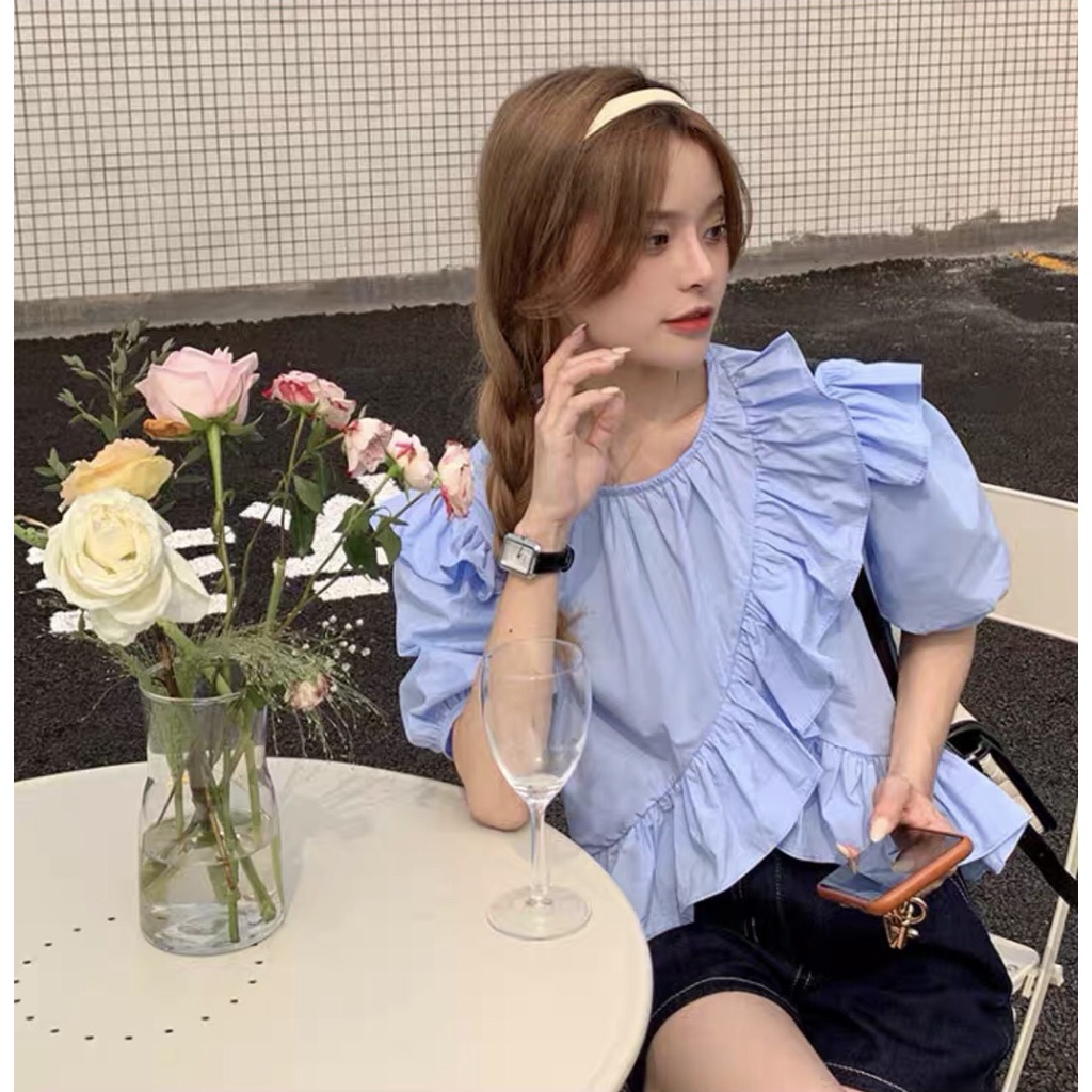 Áo babydoll viền bèo chéo tay bồng - Áo sơ mi kiểu viền bèo gấu ulzzang