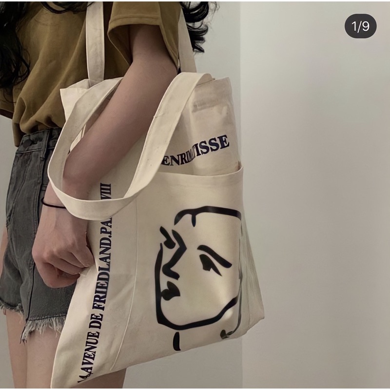 Túi Tote Vải Canvas Đeo Vai Phong Cách Vintage Hình Cô Gái