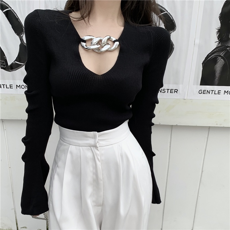 HUANG YOYO Áo Dệt Kim Đen Tay Dài Cổ Chữ V Xẻ Tà Dáng Ôm Phong Cách Hàn Quốc Thời Trang Cho Nữ