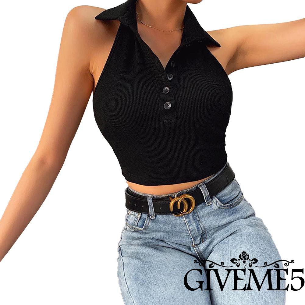 Áo Croptop Sát Nách Cổ Chữ V Phối Nút Hợp Thời Trang Cho Nữ