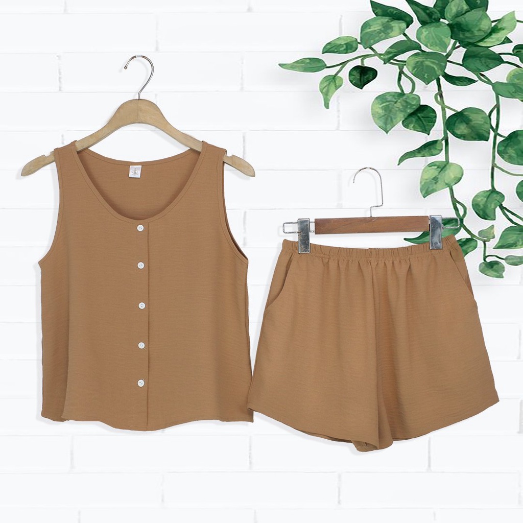 Đồ bộ nữ mặc nhà vải đũi nhăn mềm có túi cách điệu nút áo xinh xắn size từ 40-70kg A18