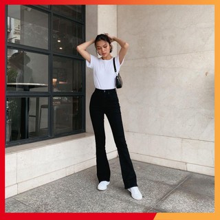 Quần jean nữ ⚡️𝗙𝗥𝗘𝗘𝗦𝗛𝗜𝗣 ⚡️ Quần bò ống loe đen lưng cao dáng dài, co giãn tốt