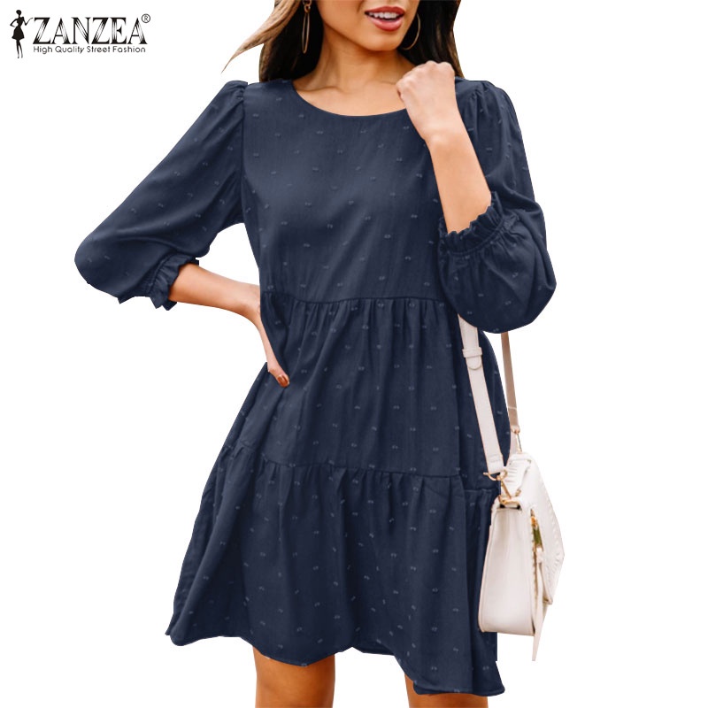 Đầm mini ZANZEA buộc dây sau lưng dáng rộng cổ tròn màu trơn cho nữ