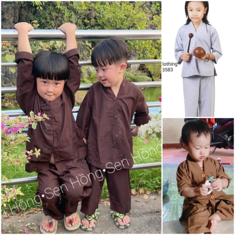 👧3 màu👦Bộ nâu đi chùa cho bé yêu - quần áo Phật Tử trẻ em nam nữ bộ chú tiểu đủ size, Cúc nhựa dễ cài tiện lợi