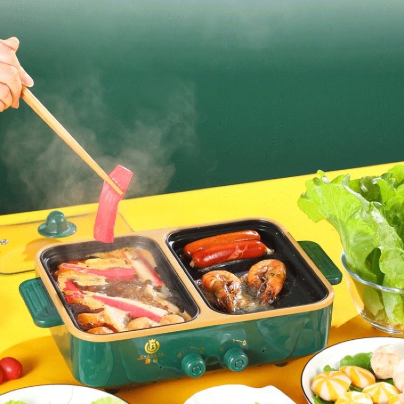 Bếp Lẩu Nướng Mini 2 Ngăn SHABAN Cao Cấp 2 In 1 Siêu Chống Dính, Đa Năng, Tiện Lợi