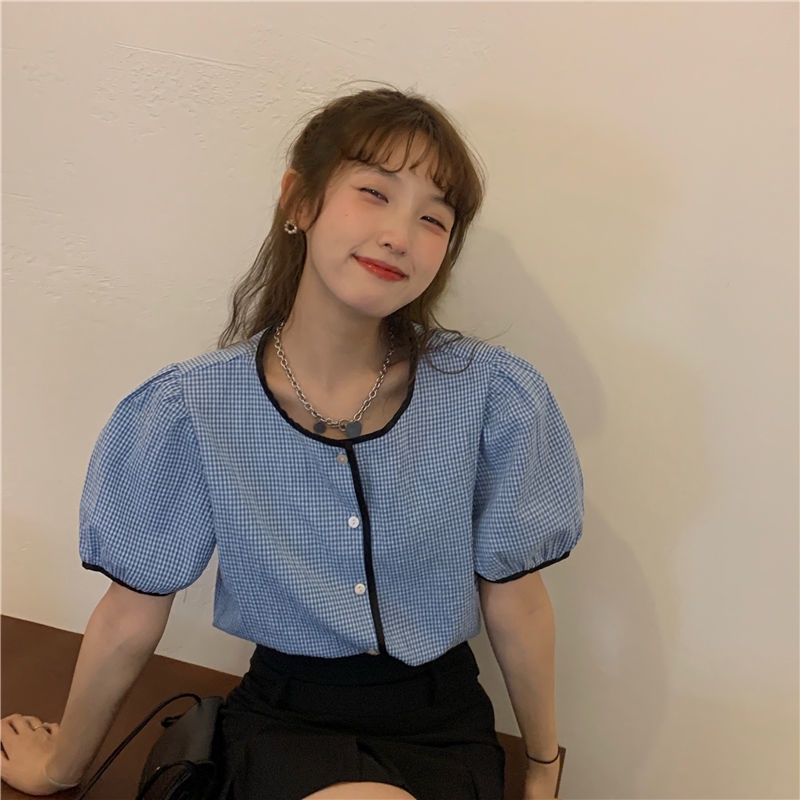 Áo sơ mi tay ngắn phồng họa tiết sọc caro thời trang theo phong cách hàn quốc cho nữ