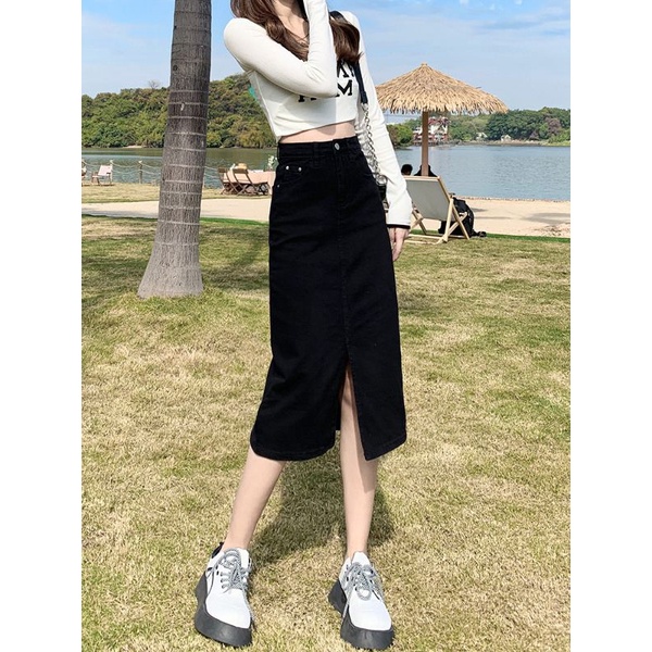 Chân Váy Jean Dáng Dài Xẻ Trước Thời Trang Phong Cách Hàn Quốc V03