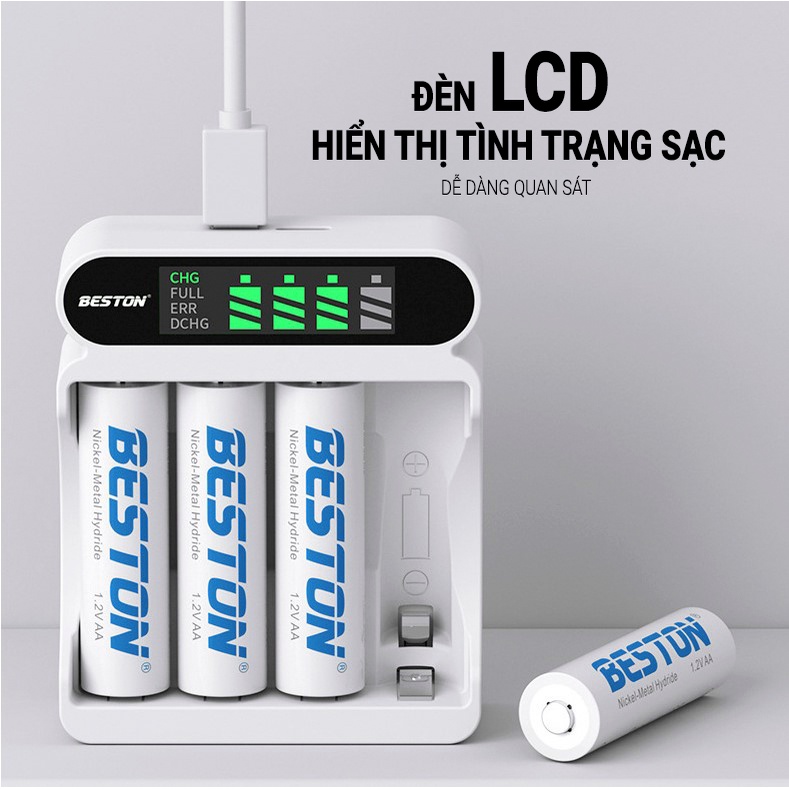 Bộ Sạc 4 pin AA AAA Beston C9023L, mẩu mới 2023 sạc nhanh,tự ngắt khi đầy, đèn báo thông minh, dùng cho micro ,remote