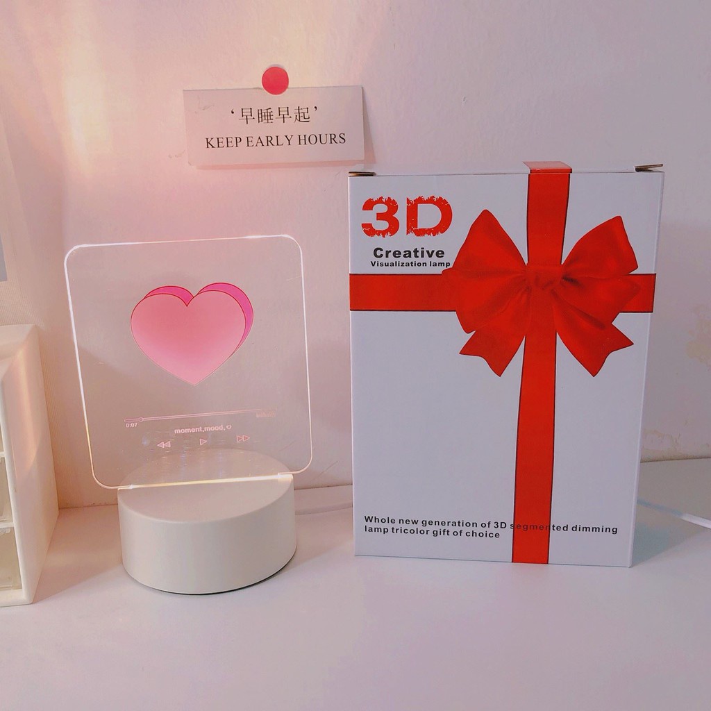 Đèn ngủ led 3d hình trái tim phong cách Hàn Quốc - 3 chế độ màu