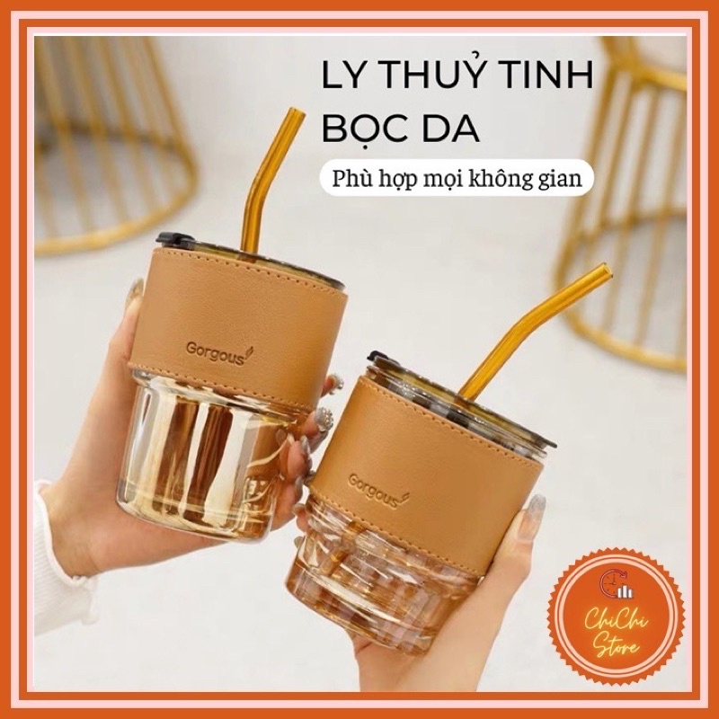 Cốc thủy tinh màu hổ phách bọc da có nắp đậy (Tặng kèm  ống hút)