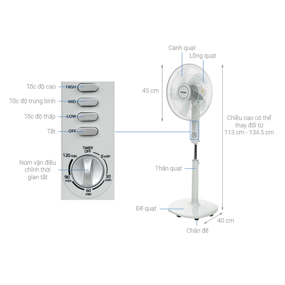 Quạt cây đứng 5 cánh 3 mức gió màu xám Toshiba F-LSA10(K)VN 50W - Hàng chính hãng