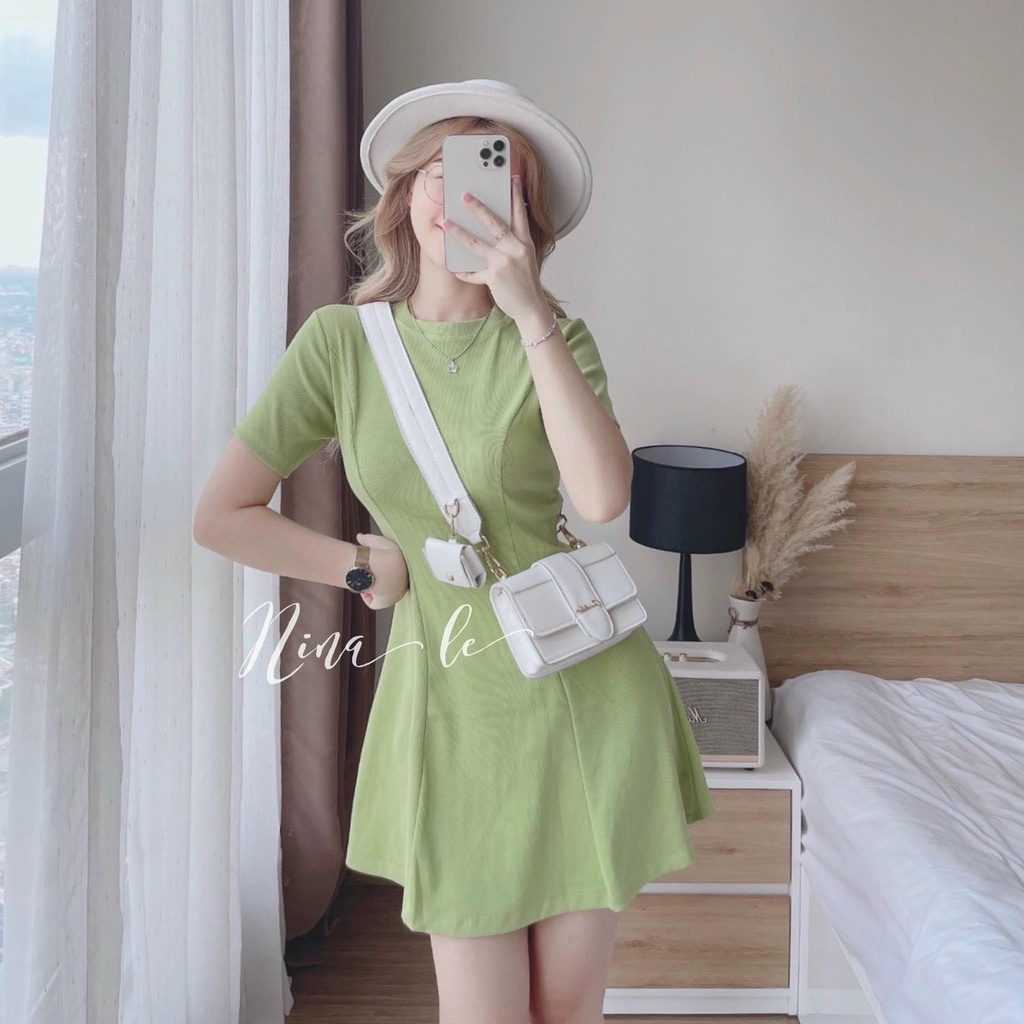 Váy đầm nữ dáng xòe cổ tròn tay con xếp ly