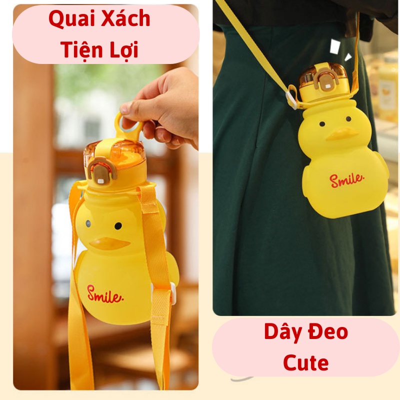 Bình đựng nước nhựa dễ thương hình chú vịt cute 650ml chịu nhiệt Bình nước có ống hút cho bé cá nhân tặng dây đeo titi