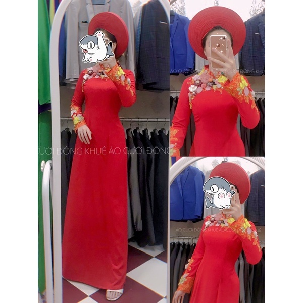 Áo dài cô dâu kết hoa ở cổ và tay có 4 màu đỏ, hồng phấn ,hồng đậm, kem