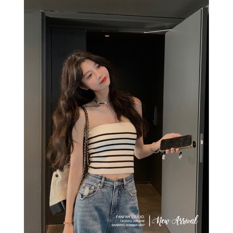 QADCOL Áo Hai Dây Dệt Kim Kẻ Sọc Xinh Xắn Cho Nữ