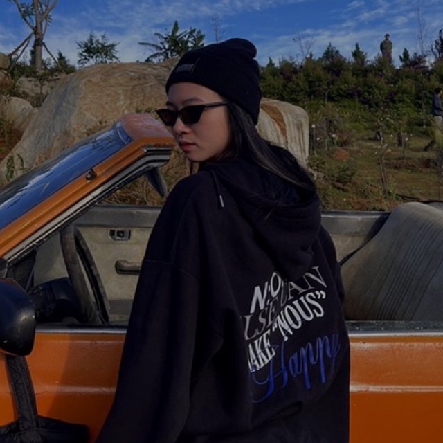 Áo Hoodie Zip Nous Happy Màu Đen