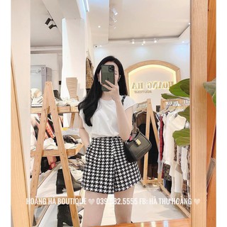 Set quần áo bộ đồ nữ đẹp BUTTERFLY, áo phông trắng tay vạt & quần sooc kẻ zic zac
