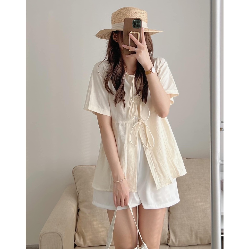 [Mã TOPS06 giảm đến 10k đơn 99k] Áo Sơ Mi Babydoll Phối Dây Nơ Tiểu Thư 2 Màu Trắng Be, Labibi | BigBuy360 - bigbuy360.vn