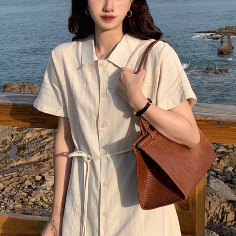 Đầm sơ mi IELGY mỏng màu trơn chiết eo thiết kế thời trang cho nữ