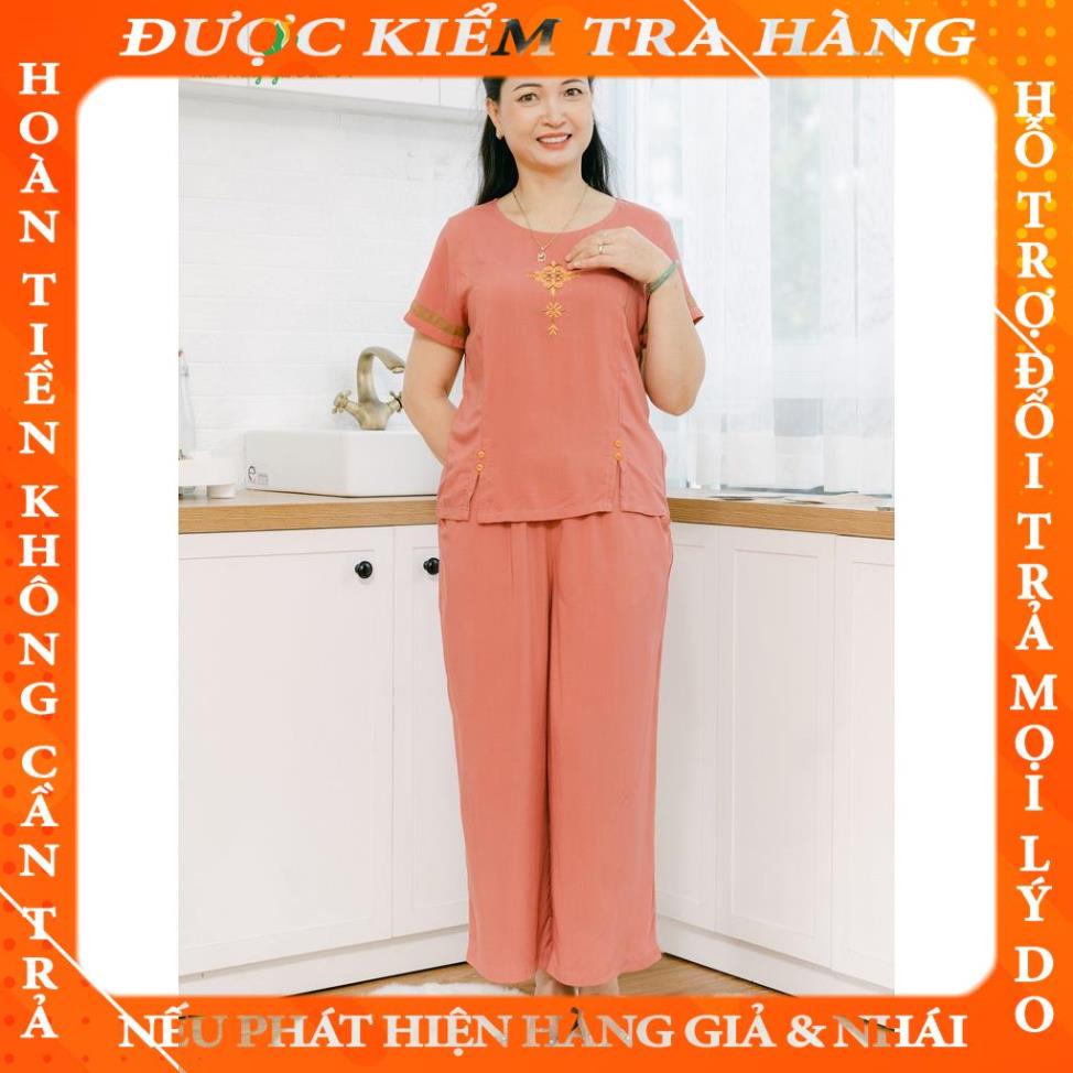 Bộ đồ lanh mặc nhà nữ quần dài, áo cộc tay B26.2202 trung niên - Thời Trang Gia Đình VT qdung