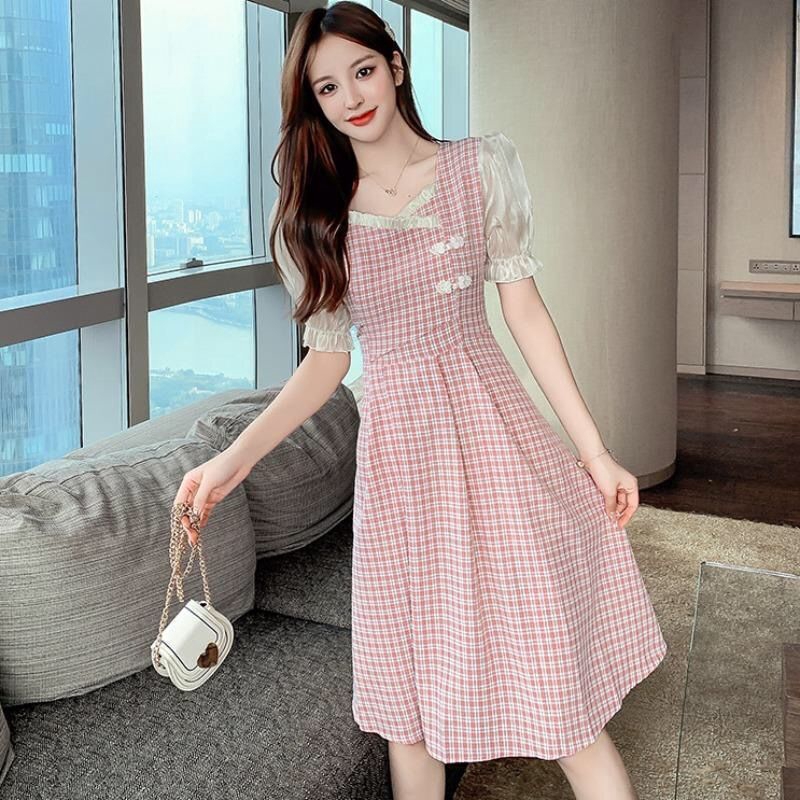 Đầm Nữ Ngắn Tay Cổ Vuông Họa Tiết Caro Thời Trang | BigBuy360 - bigbuy360.vn