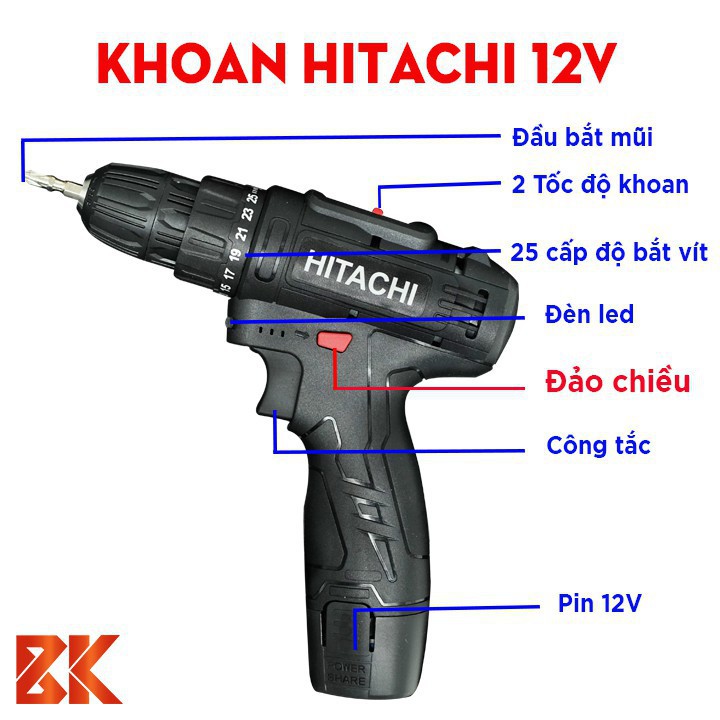 Máy khoan pin HITACHI 12V, Bắn Vít, Vặn vít - Khoan cầm tay 2 cấp tốc độ, 100% đồng, Siêu bền, Có Đèn