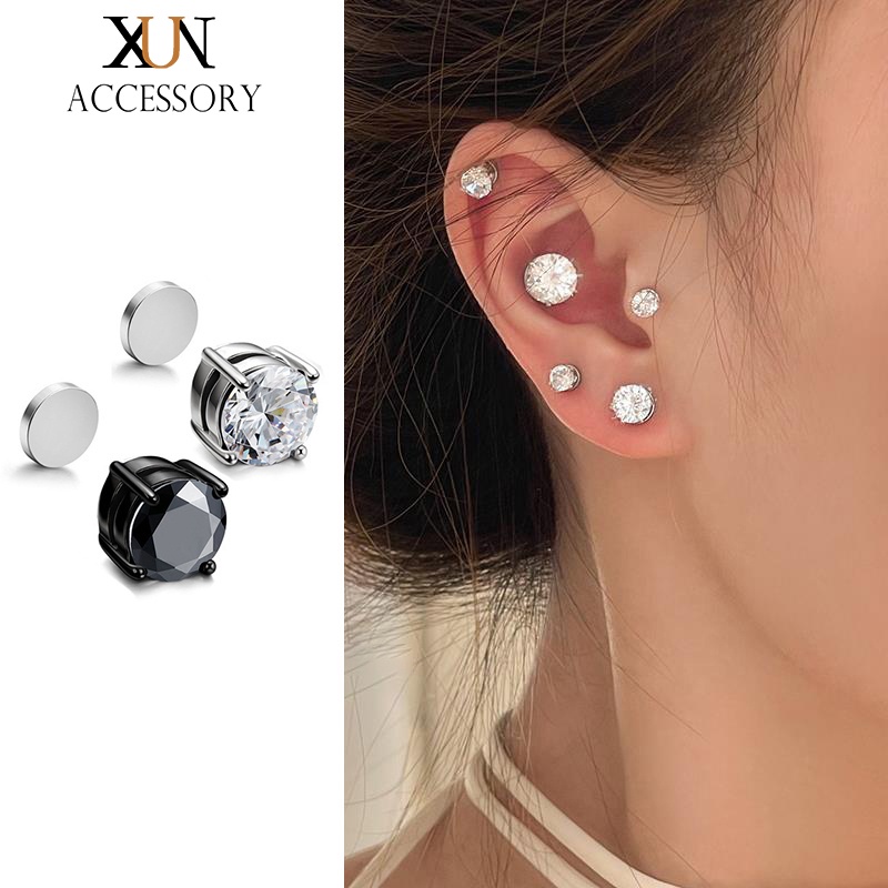 1 Đôi Bông Tai Titan Từ Tính Đính Đá Zircon Đơn Giản Thời Trang Hàn Quốc