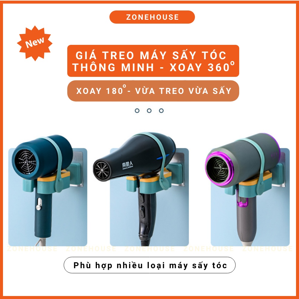 Kệ Treo Máy Sấy Tóc Thông Minh Xoay 180 độ ZONEHOUSE, Vừa Treo Vừa Sấy, Giá Treo Máy Sấy Tóc Dán Tường Nhà Tắm ZONESHOP