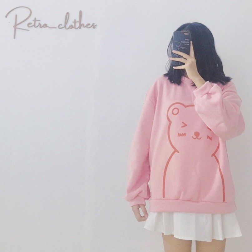 🍂 [Ảnh thật/Tự chụp] Áo hoodie nữ hình gấu form rộng màu hồng nỉ bông cute dễ thương | BigBuy360 - bigbuy360.vn