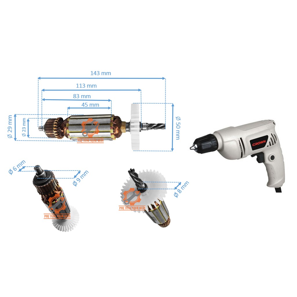 rotor/ruột máy khoan crown đầu 10 thân 29 tặng kèm chổi than cao cấp