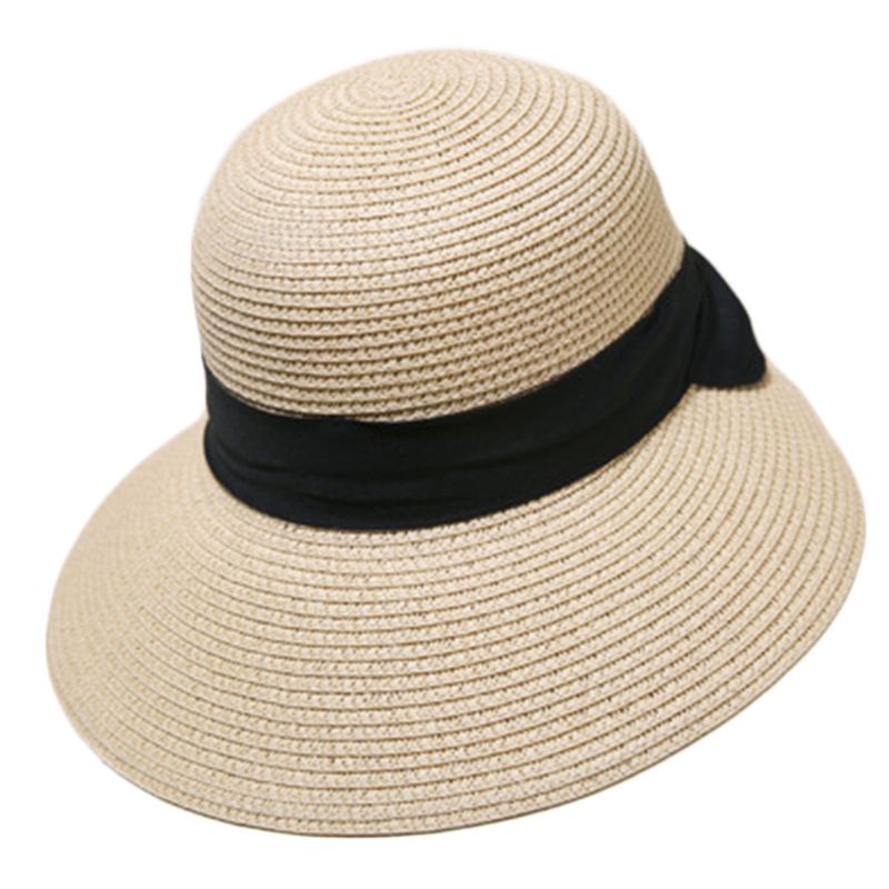Nón Cối Rộng Vành Phối Nơ Màu Đen Chống Tia UV Thời Trang Đi Biển Mùa Hè Cho Nữ