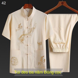 WBộ đồ Tang ngắn tay nam mùa hè trung- Người cha già và cao tuổi Hanfu phong cách Trung Quốc Quần áo ông nội của