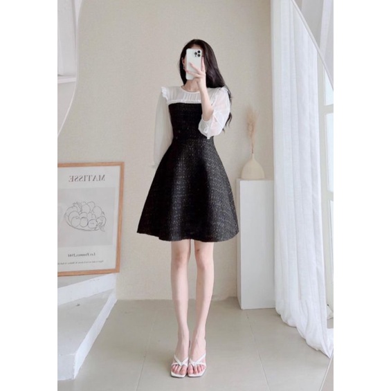 Đầm Tiểu Thư Cổ Tròn Bèo Ngực Chất Dạ Tweed Phối Voan - Tiệm Của Bun