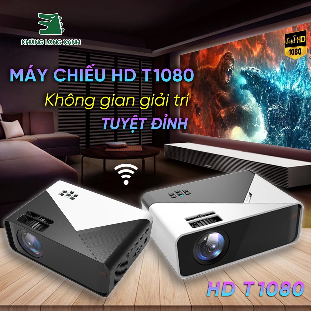 Máy chiếu Mini KhủngLongXanh_T1080 hỗ trợ HD+, kết nối với đthoai, laptop có dây và không dây,...