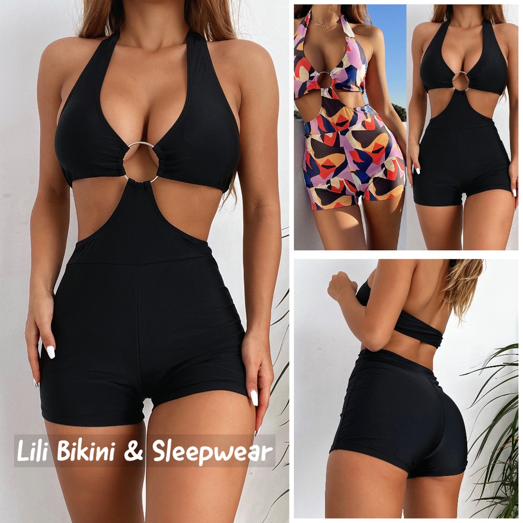 Bộ đồ bơi bikini một mảnh màu đen dạng quần khoét eo khoe dáng bikini Âu Mỹ