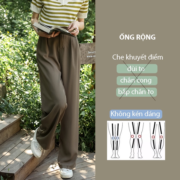 Quần suông ống rộng lưng cạp thun Qthouse , quần tây âu nữ vải culottes lưng cạp cao co giãn