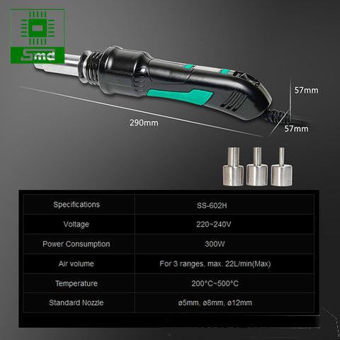 Máy khò cầm tay Pro'sKit SS-602H Chỉnh nhiệt hiển thị nhiệt độ LCD, Máy khò tháo linh kiện điện tử dán SMD 220V 300W