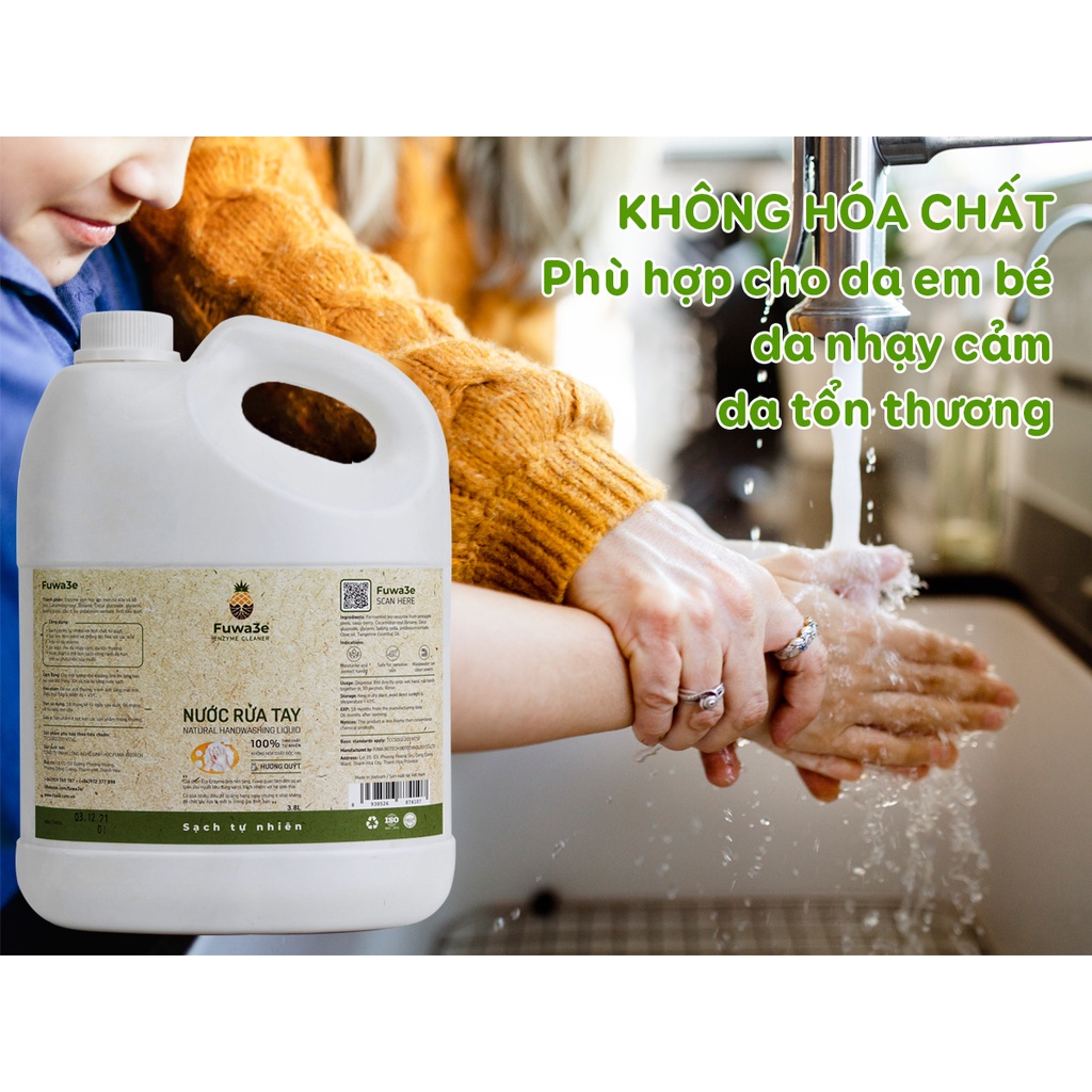 Nước rửa tay sát khuẩn /nước giặt Fuwa3e hữu cơ diệt sạch vi khuẩn và giữ ẩm, làm mềm và chống lão hóa da 3.8L