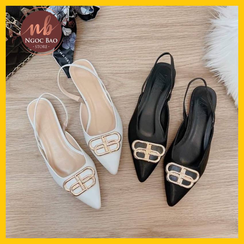 Giày sandal nữ mũi nhọn mặt khóa BB đế bằng cực xinh sang chảnh