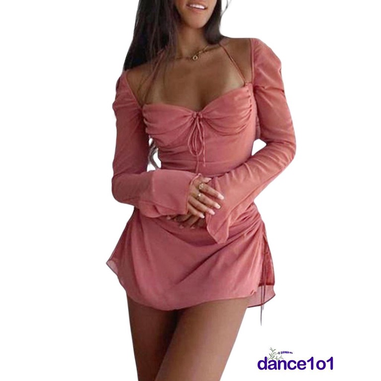 ✭QH★Women´s Solid Color Long Sleeve Drawstring Pleated Halter Neck Mini Dress