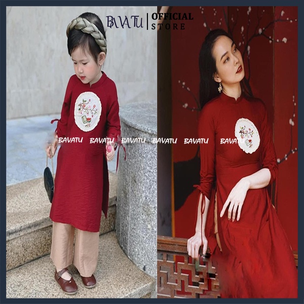 Áo dài cách tân, váy đôi mẹ bé chất đũi tằm mướt nhẹ, đầm màu đỏ diện tết chụp ảnh xuân rất tôn dáng - bavatu.
