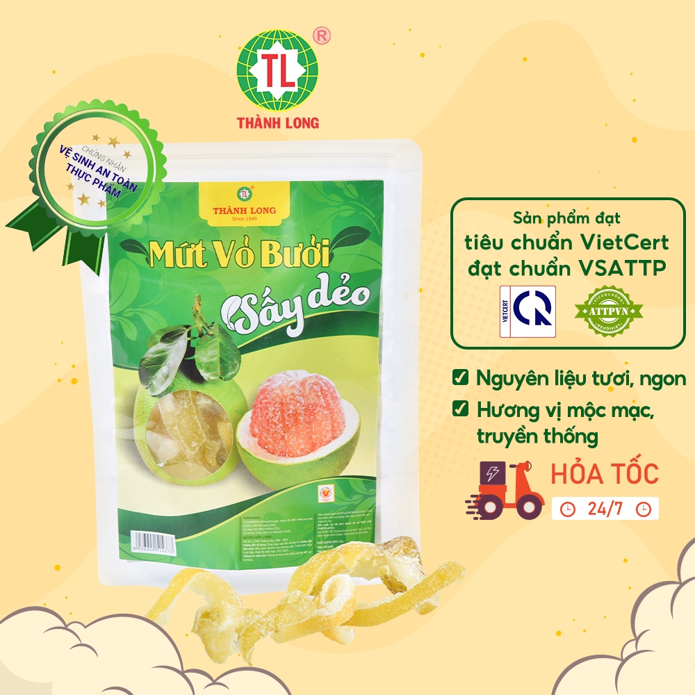 Vỏ bưởi sấy dẻo Thành Long ít đường, dinh dưỡng đảm bảo VSATTP gói/bịch 200g và 500g - Việt Nam